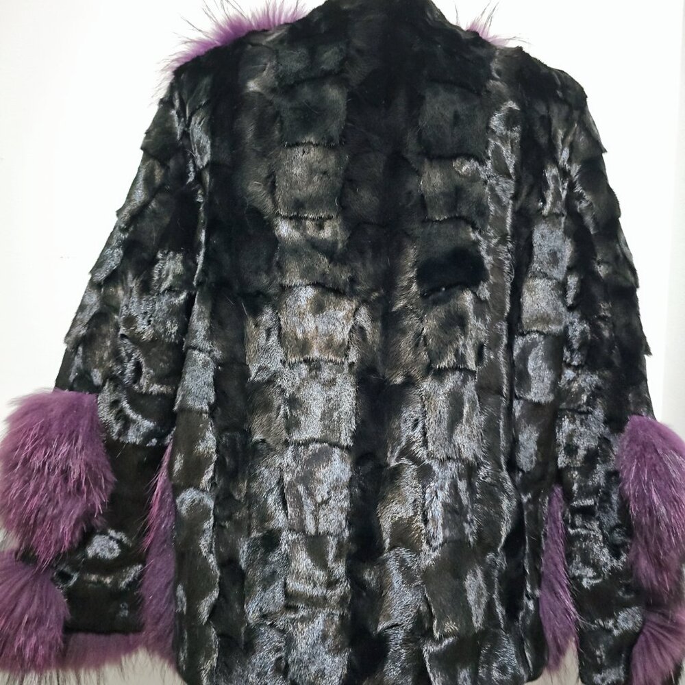 Genuine Sectioned Black Mink Fur Jacket Coat Purple Raccoon Collar Cuffs No Fox - Picture 4 of 6